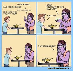 a comic strip with two people eating at a table