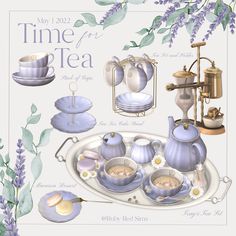 a tea set with lavender flowers and other items