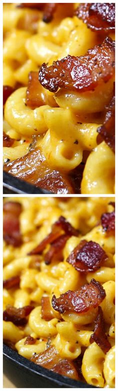 two pictures of macaroni and cheese with bacon