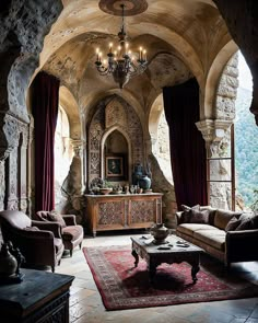 a living room filled with lots of furniture and a chandelier hanging from the ceiling