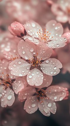 pink flowers with water droplets on them are in the foreground, and there is no image here to provide a caption for