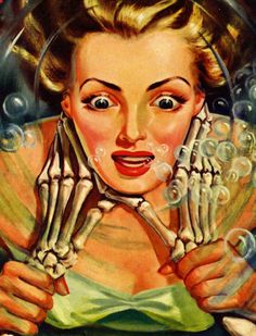 a painting of a woman with her hands in the air and bubbles coming out of her face