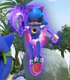 sonic the hedgehog standing next to a giant rock