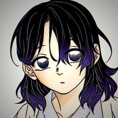 an anime character with long black hair and blue eyes, wearing a white shirt is staring at the camera