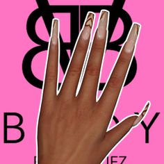 a woman's hand with pink and white nail polish on it, in front of a pink background