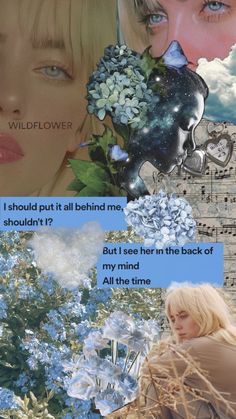 a collage with blue flowers and text that says, i should't be in the back of my mind all the time