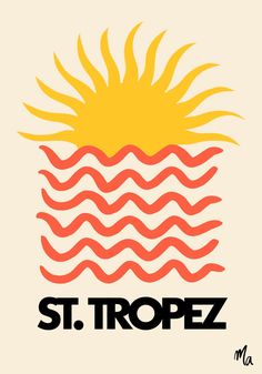 the st tropez logo is shown in red and yellow, with an orange sun above