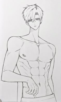 a pencil drawing of a shirtless man with his hands on his hips, looking over his shoulder