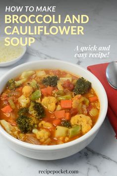 broccoli and cauliflower soup in a white bowl