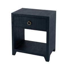 a black night stand with one drawer open