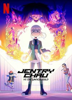 an anime character standing in front of a poster for the movie jenny and the underground