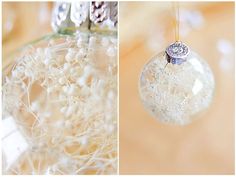 two pictures one with a glass ornament and the other with white flowers