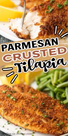 parmesan crusted tila with green beans and lemon wedges