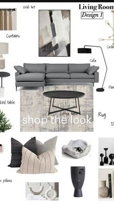 living room mood board with grey couches, black and white accessories, coffee table, floor lamp, rugs