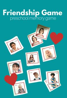 the poster for friendship game is shown with pictures of people and hearts on it