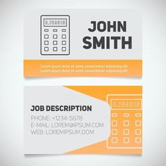 an orange and white business card with a calculator on the front, and a yellow stripe across the bottom