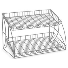 two tiered metal shelf with wire baskets