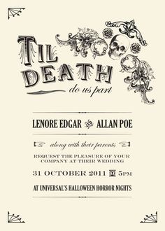 Universal Halloween Horror Nights, Zombie Wedding, Halloween Wedding Invitations, Wedding Invitation Stationary, Halloween Themed Wedding, Invitations Ideas, Skull Wedding, All Hallows Eve, Goth Wedding