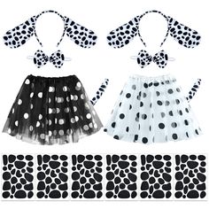 two different styles of polka dot tutu skirts and headbands, one in black and white