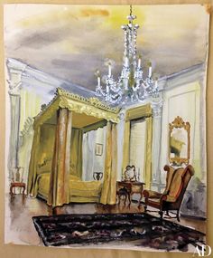 a painting of a bedroom with chandelier and furniture