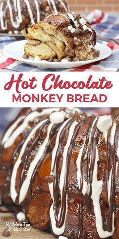 hot chocolate monkey bread with white icing and drizzled on the top