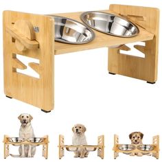 two dogs are eating out of their bowls on the elevated dog feeder stand with four different angles to fit them