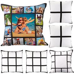 four pillows with pictures of people and dogs on them, all in black and white