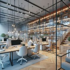 an office with glass walls and lots of computers on the desks, along with white chairs