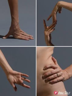 four pictures of hands reaching for something in the air with their fingers on top of each other