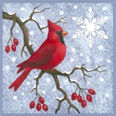 a painting of a cardinal sitting on a branch with berries and snowflakes in the background