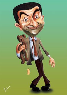 a cartoon man holding a teddy bear and wearing a suit with his mouth open,