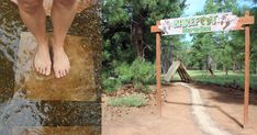 two pictures one with a person's feet on the ground and another with a sign that says forest to hike