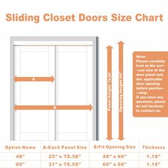 sliding closet doors size chart with measurements for each door and the width to fit in