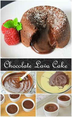 chocolate lava cakes with powdered sugar and fresh raspberries on the side are shown