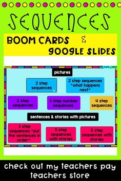 These sequencing activities are available in boom cards, google slides, and worksheets. Sequences include 2 step sequencing through 6 step sequencing. My teachers pay teachers store include digital and cut and paste sequencing worksheets for coloring too! Use for individual instruction, small group, whole group and homeschooling. Basic Concepts Speech Therapy, Sequencing Worksheets, Speech Therapy Games, Story Sequencing