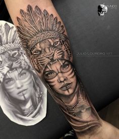 a woman with a headdress on her arm next to a lion tattoo design