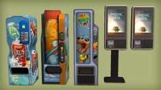 an assortment of vending machines in various colors and sizes, including one for the nintendo wii