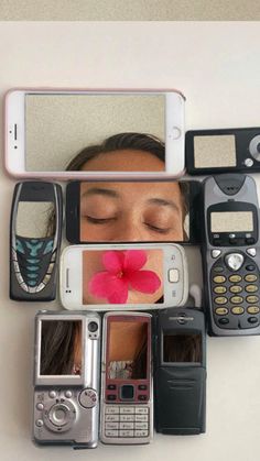 a woman's face surrounded by cell phones and a flower in the middle with her eyes closed