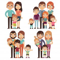 a large family with two children and one baby in different poses, all standing together