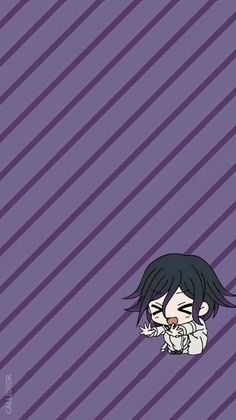 an anime character with long black hair standing in front of a purple striped wallpaper