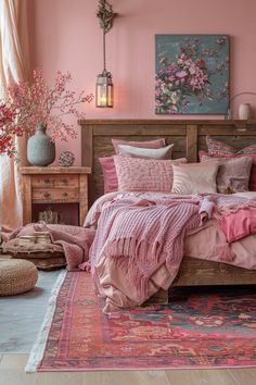 a bedroom with pink walls and furniture