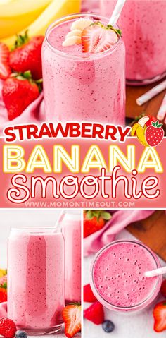 strawberry banana smoothie with strawberries and bananas in the background