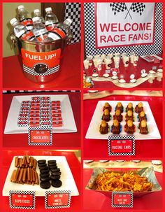 a red table topped with lots of desserts and drinks next to a welcome race fan sign