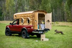 a red truck parked next to a forest with a cat on the ground near it