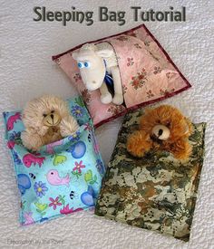 three stuffed animals are sitting in pillows on the floor with text overlay that reads, sleeping bag tutor