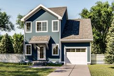 a blue house with white trim on the front and side windows is shown in an artist's rendering