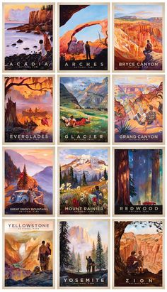 a series of posters depicting different scenes from the mountains and valleys in yellowstone, grand canyon,