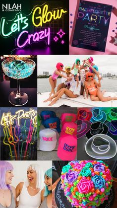 the collage shows neon lights and party items, including cakes, drinks, and decorations