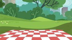 a red and white checkered picnic table in the middle of a park with trees