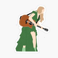 a woman in a green dress holding a guitar sticker on a white background,